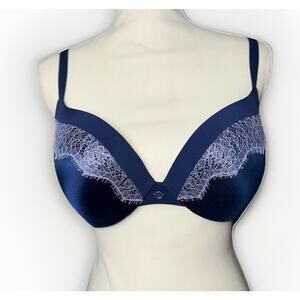 VICTORIA’S SECRET 38C Wireless Push-Up Blue Satin White Lace Padded Comfort Sexy